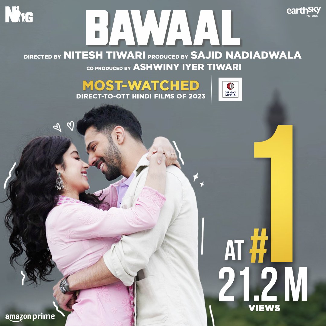 #SajidNadiadwala & @niteshtiwari22's cinematic magic makes #Bawaal starring @Varun_dvn & #JanhviKapoor one of the most-viewed streaming Hindi Movies of 2023. Nitesh & Ashwini are 2 of my most favorite directors always 🌟🌟 @ashwinyiyer @WardaNadiadwala @NGEMovies @earthskynotes