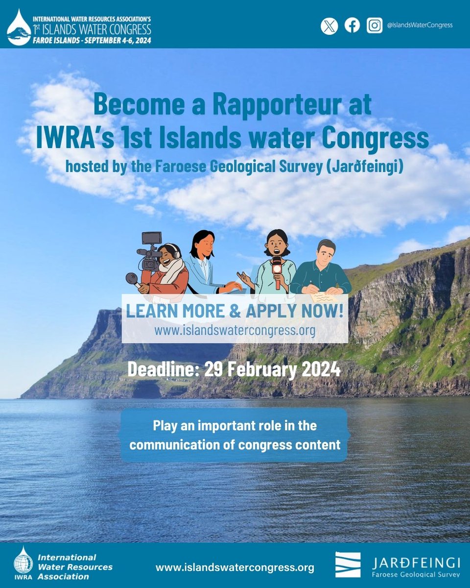iwra_water's tweet photo. Passionate about #water management? Be a part of IWRA's 1st Islands Water Congress hosted by the #FaroeIslands! 🌊 We need 10 Rapporteurs to cover sessions and you'll get FREE registration, 12-month IWRA Silver Membership, and more! Apply by Feb 29: https://t.co/hlzZOxl0gG https://t.co/qzk9TrpRbk