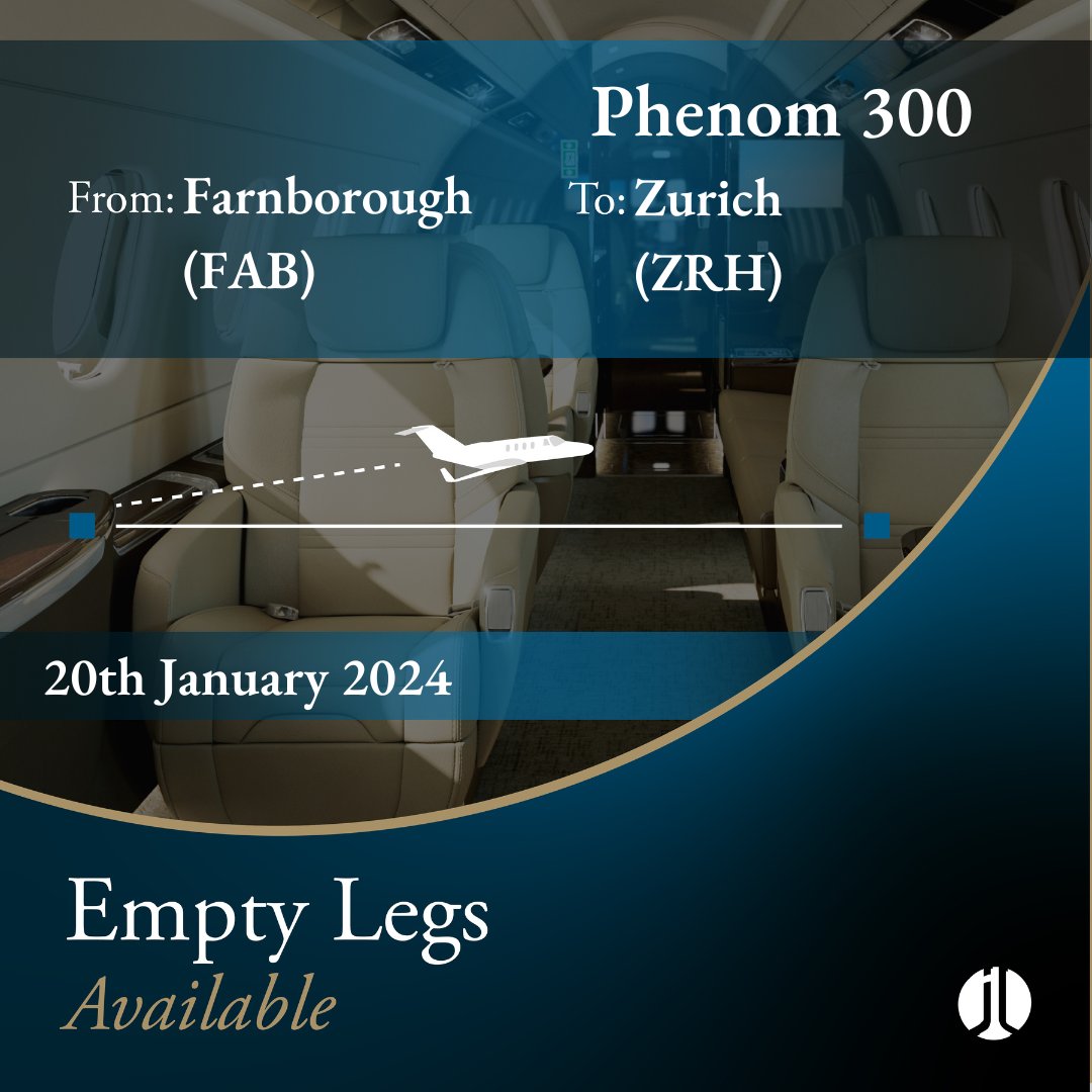 EMPTY LEG ALERT. #Farnborough >>> #Zurich. 20th January 2024. 8 pax. Contact @jetlogic to discuss your charter requirements. > +44 131 478 0802 > jlcharter@jetlogic.com #FlyJetlogic #EmptyLeg #PrivateJet