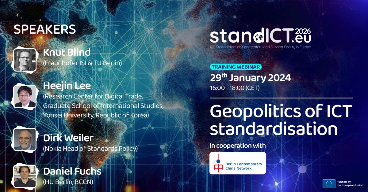 If you are interested in the #geopolitics of #ICT #standardisation with interesting contributions by Heejin Lee, Dirk Weiler & Daniel Fuchs please register here: standict.eu/events/standar…