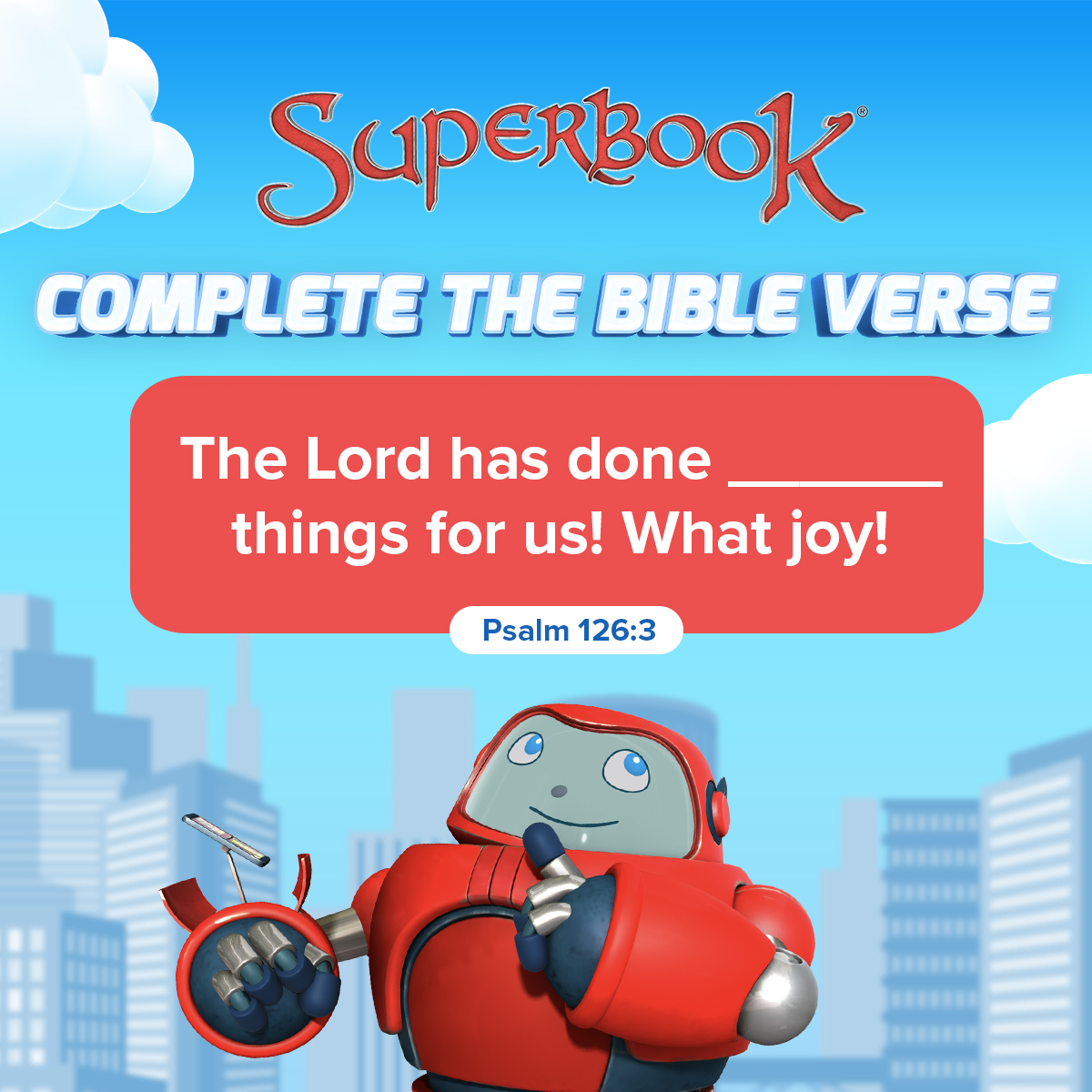 BatangSuperbook's tweet photo. Let's test your #BibleKnowledge, Sunday school teachers! 💡 Ano'ng missing word ang kukumpleto sa Bible verse na ito? 😊 #BibleQuiz #GamesForKids #CompleteTheBibleVerse
Visit the Superbook Website for more games like this: https://t.co/9Q6Hihc2du https://t.co/RsrbFGAzPf