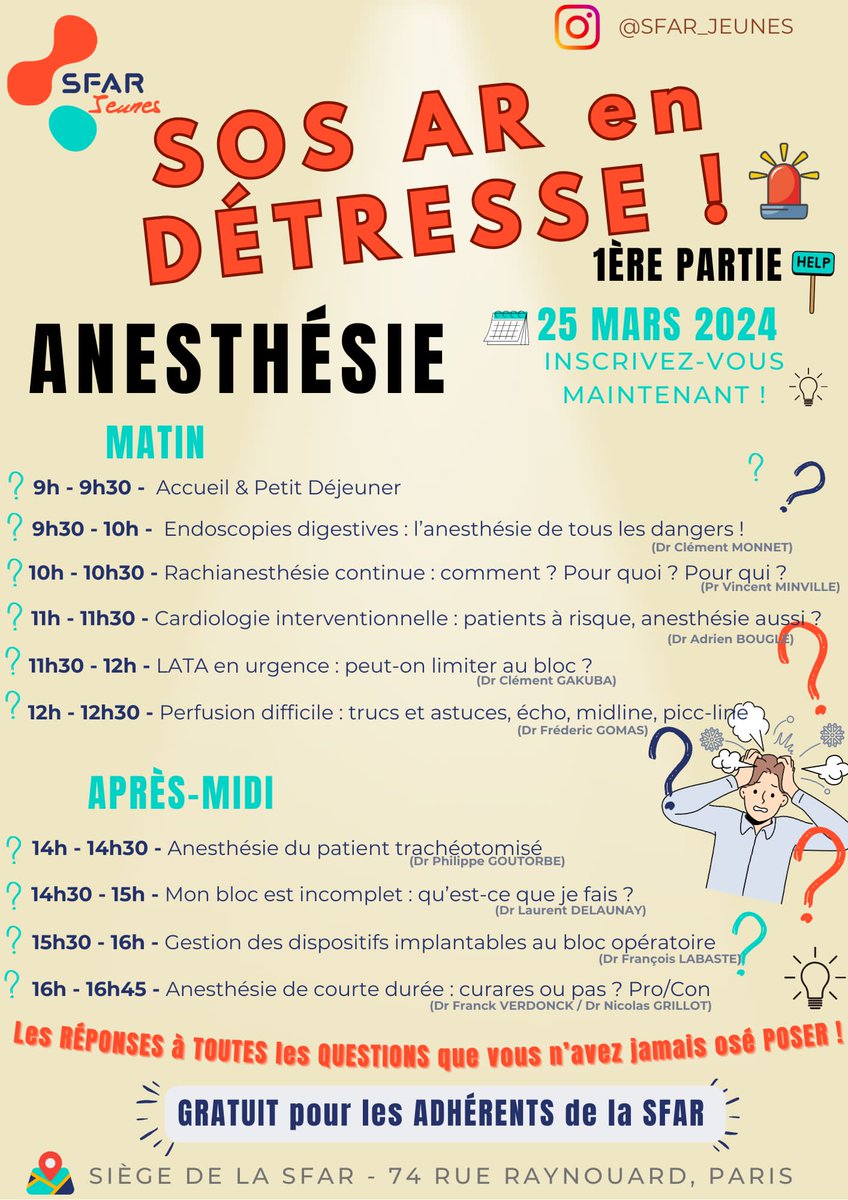 SFAR Anesthésie Réanimation (@sfar_org) on Twitter photo 🚨 SAVE THE DATE 🚨
📆 Le 25/03, Journée <a href="/SFARJeunes/">SFAR Jeunes</a> SOS AR en détresse
✍️ Les inscriptions sont ouvertes ➡️ sfar.org/evenement/jour…
<a href="/AJARFrance/">AJAR France 🇫🇷</a> @SNjeunesAR @IADE_de_France <a href="/contactfnir/">Fédération Nationale des Infirmiers de Réanimation</a> <a href="/ISNItwit/">ISNI - InterSyndicale Nationale des Internes</a> <a href="/cnear_fr/">CNEAR Anesthésie Réanimation</a> <a href="/SNIA75/">SNIA : Syndicat Nal des #IADE</a> <a href="/SNPHARE/">SNPHARE</a> <a href="/SyndicatSnarf/">SNARF</a> 🚨 SAVE THE DATE 🚨
📆 Le 25/03, Journée <a href="/SFARJeunes/">SFAR Jeunes</a> SOS AR en détresse
✍️ Les inscriptions sont ouvertes ➡️ sfar.org/evenement/jour…
<a href="/AJARFrance/">AJAR France 🇫🇷</a> @SNjeunesAR @IADE_de_France <a href="/contactfnir/">Fédération Nationale des Infirmiers de Réanimation</a> <a href="/ISNItwit/">ISNI - InterSyndicale Nationale des Internes</a> <a href="/cnear_fr/">CNEAR Anesthésie Réanimation</a> <a href="/SNIA75/">SNIA : Syndicat Nal des #IADE</a> <a href="/SNPHARE/">SNPHARE</a> <a href="/SyndicatSnarf/">SNARF</a>