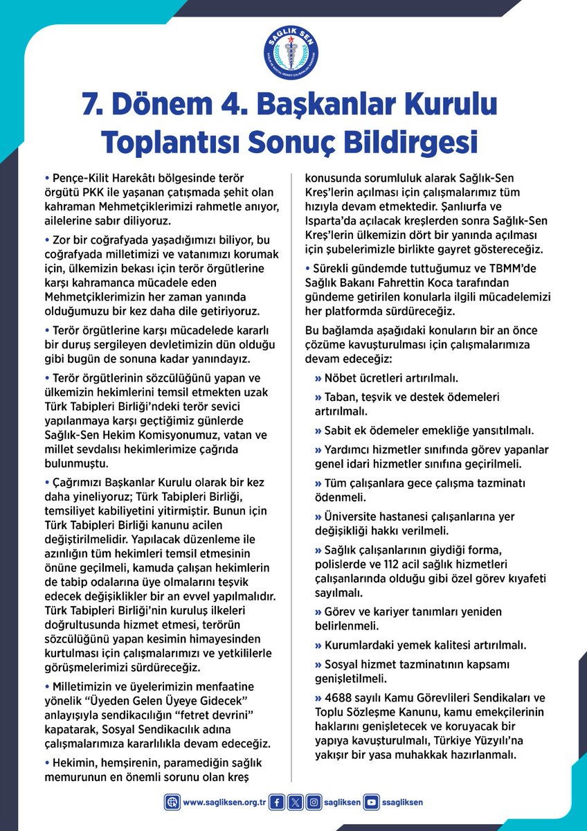 Sağlık-Sen Genel Başkanı Mahmut Faruk Doğan başkanlığında gerçekleştirilen 7. Dönem 4. Başkanlar Kurulu Toplantısı’nda, terör lanetlenerek, Sağlık-Sen teşkilatının devletin ve milletin yanında olduğu vurgulandı.
⤵️
sagliksen.org.tr/haber/13175/sa…