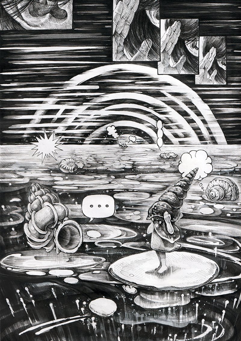 건강하게 잘 그리며 지내고 있습니다.
올해는 따뜻해지는 시기에  
그림으로 직접 안부를 나눌 수 있을 것 같아요. 그날을 준비하며 하루하루 보냅니다.

<소라 소리 Seashell Resonance>
2023년 마지막 그림
pigmentink pen, pencil, ink on paper