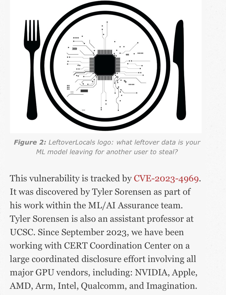 5tuxnet's tweet image. Security firm Trail of Bits has discovered a vulnerability that affects GPU cards from AMD, Apple, Qualcomm, and Imagination. Named #LeftoverLocals, the #vulnerability allows threat actors to memory isolation and recover data from other processes running on the same #GPU. Trail