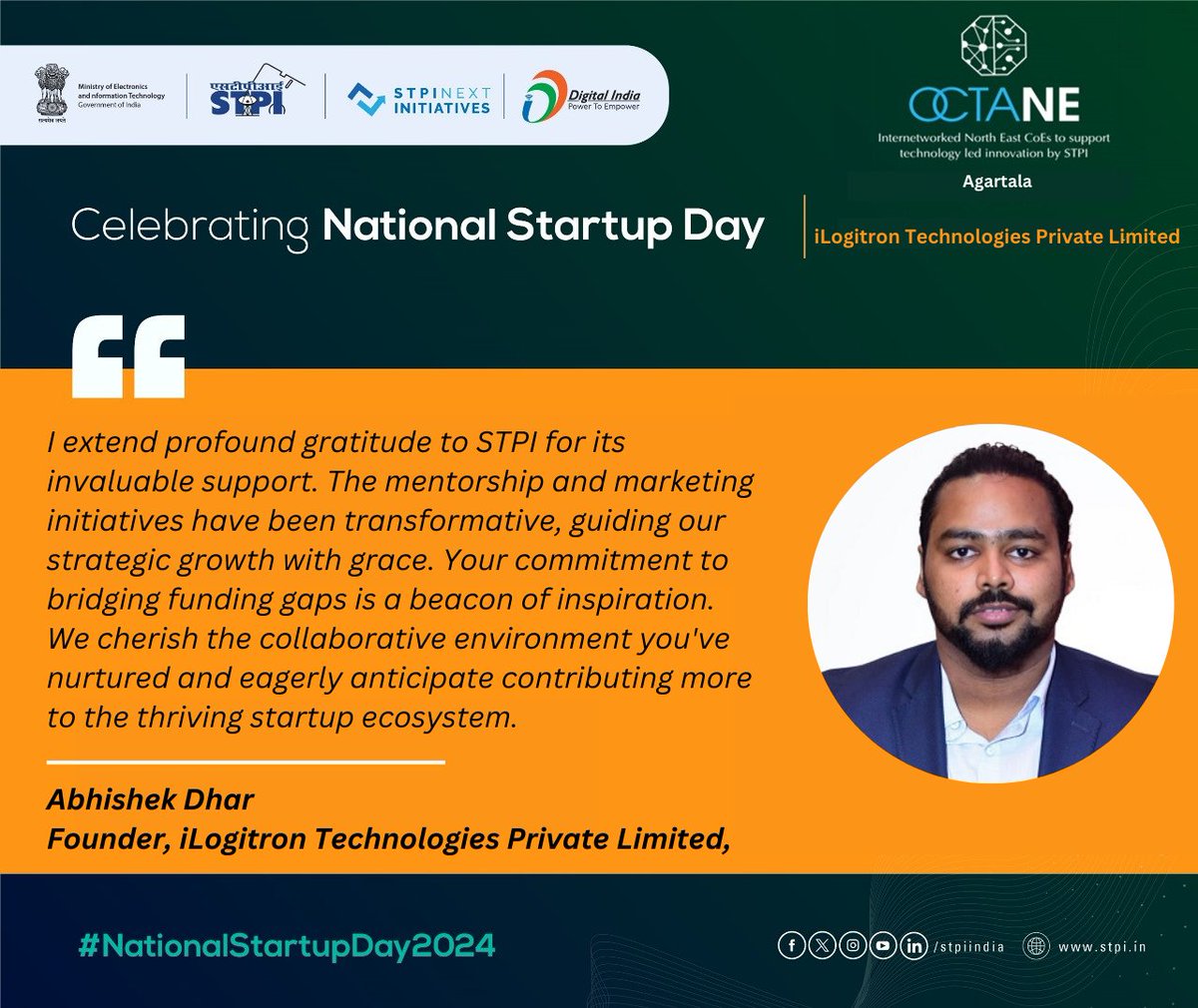 stpiagartala's tweet photo. “Mentorship and marketing initiatives from STPI under OctaNE have been transformative, guiding and strategic growth with grace.”
#NationalStartupDay2024 #STPIStartupEcosystem #TheNextWave
@GoI_MeitY
@Rajeev_GoI
@arvindtw
@stpiindia https://t.co/iMPSZfsBOB