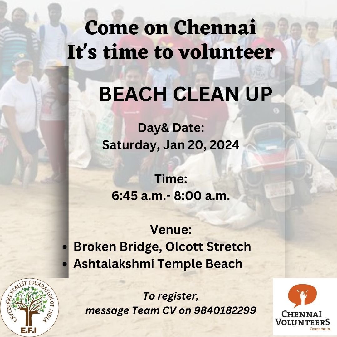 Join us in reclaiming the beauty of Chennai’s coastline after Pongal celebrations. Awareness talk on conserving the coastline, followed by a collective beach clean up. Message us on 9840182299 to register. #beachcleanup #chennaicoastline #chennaivolunteers #givingmatters