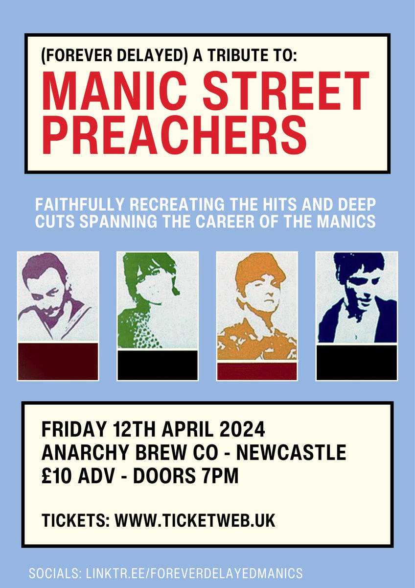 HERE WE GO…

Our first gig at the brilliant @AnarchyBrewCo on 12th April and we can’t wait!

Get your tickets here: tinyurl.com/4msszu3h

#manics #manicstreetpreachers #newcastlelivemusic #foreverdelayed