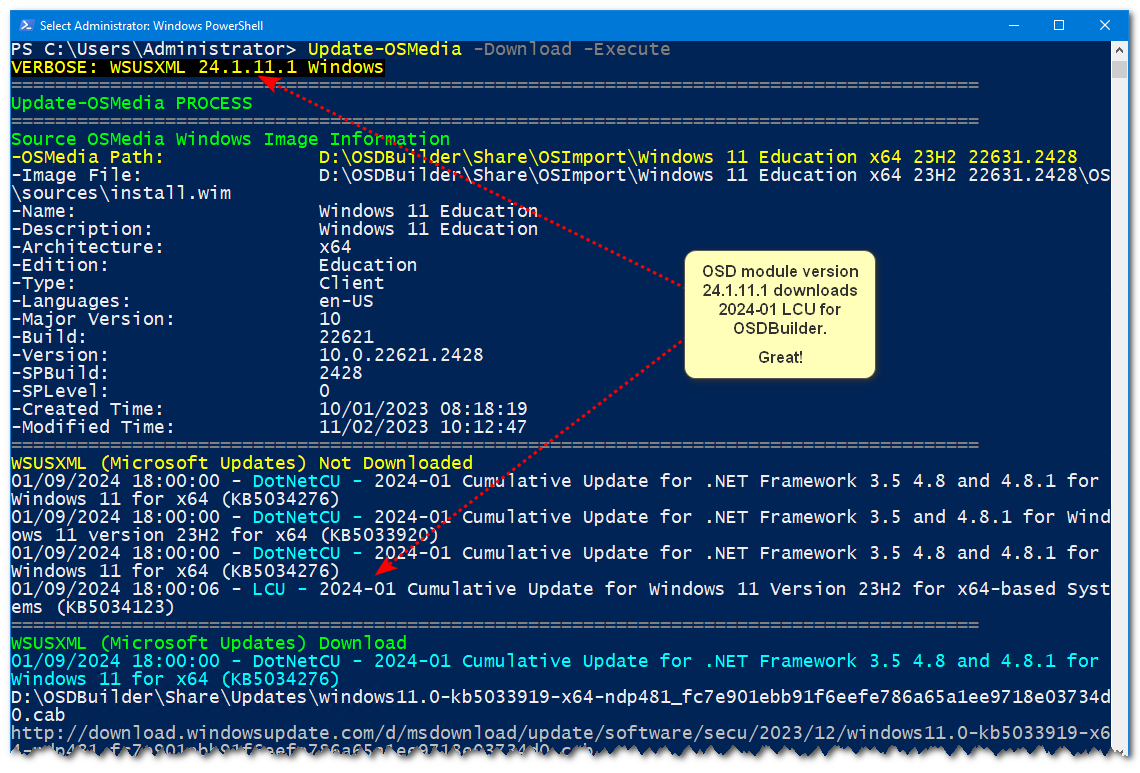 manelrodero's tweet image. Thank you very much for the warning Johan ;-)
I was testing all versions of the OSD module during the month of December and could not find LCU.
I assume that Gary/David managed to obtain the correct information to be able to download and apply the update.
#OSDBuilder