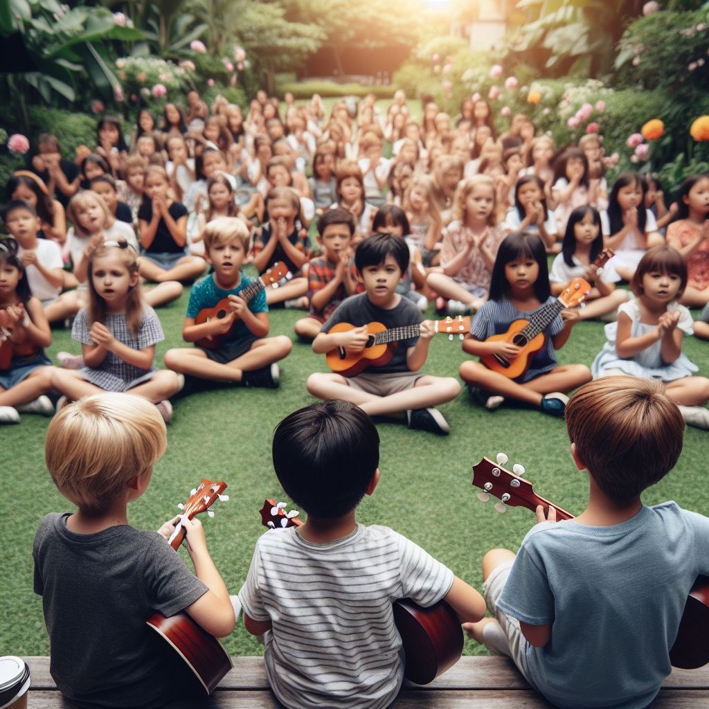 Daily Bing create.
"kids ukulele band face to big audience in the garden. Style: documentary photo."