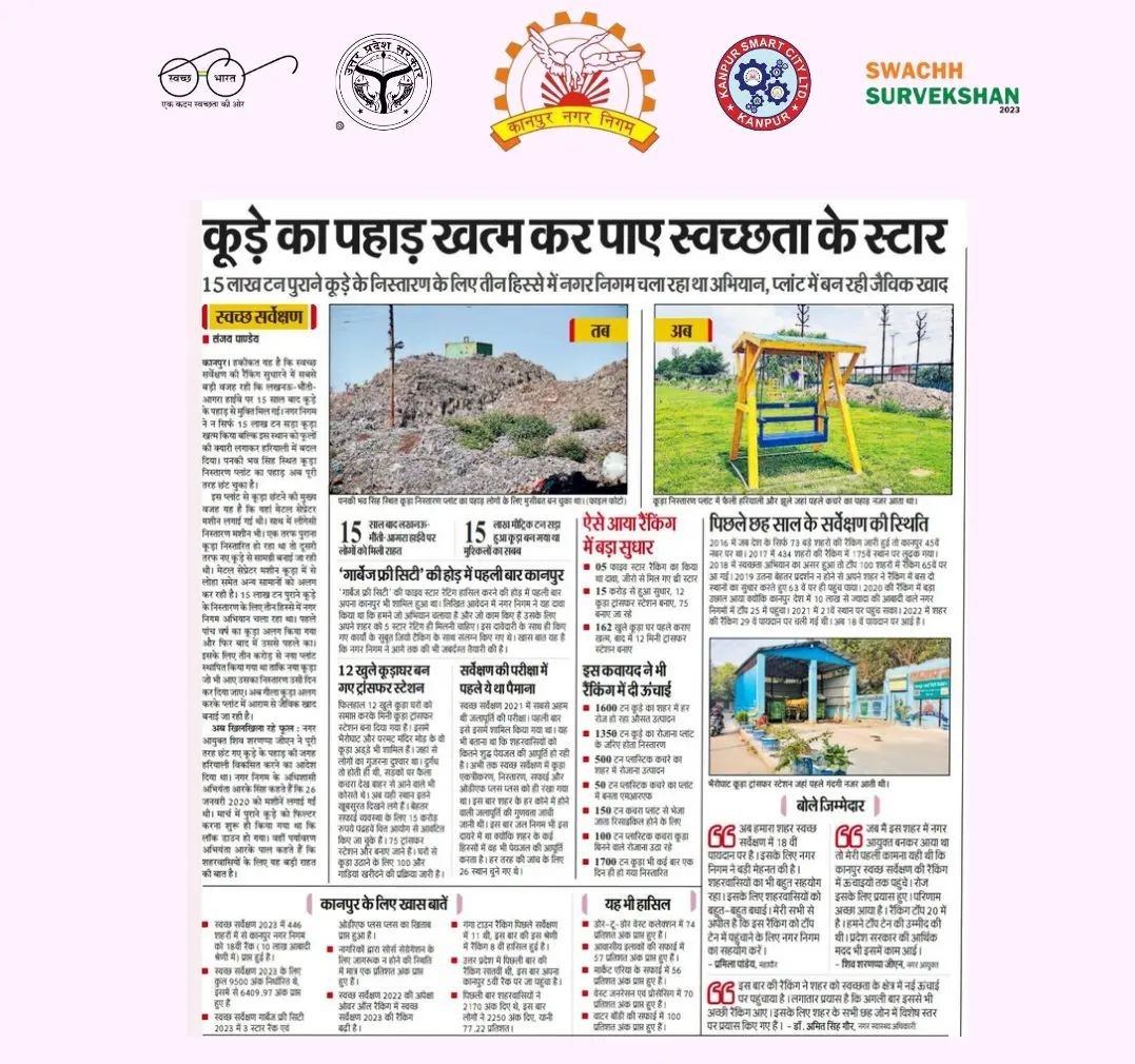 #SwachhSurvekshan 2023 की #Garbagefree शहर की लिस्ट में 3 स्टार रेटिंग के साथ कानपुर शहर को ODF++ का खिताब प्राप्त हुआ है। लखनऊ -भौंती-आगरा हाईवे पर स्थित कूड़े के ढेर से 15 लाख टन पुराने कूड़े निस्तारित किया जा चुका है।