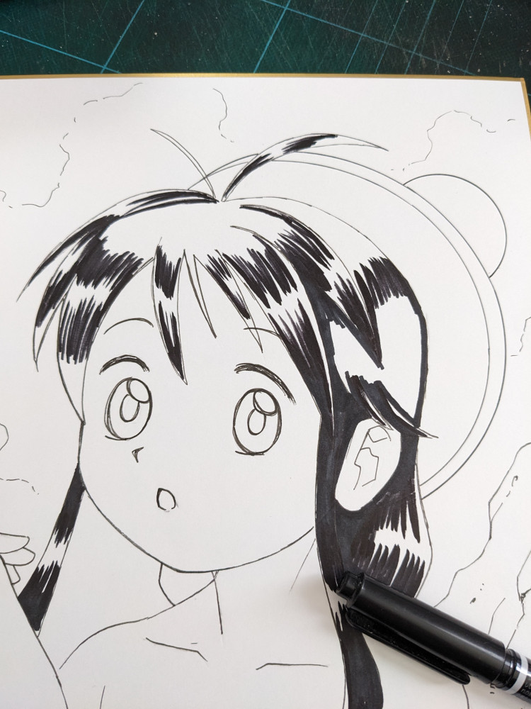 (続き)⑨黒ベタを塗っていきます⑩黒ベタ完了。線に強弱をつけます⑪グレーを塗って完成です。 