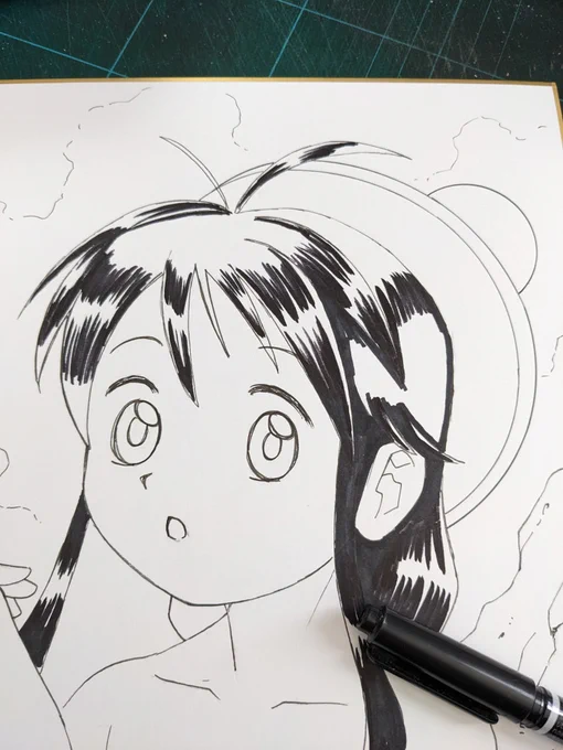 (続き)⑨黒ベタを塗っていきます⑩黒ベタ完了。線に強弱をつけます⑪グレーを塗って完成です。 