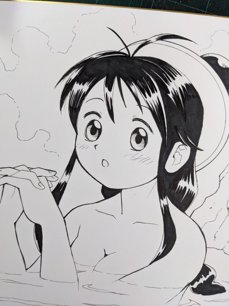 (続き)⑨黒ベタを塗っていきます⑩黒ベタ完了。線に強弱をつけます⑪グレーを塗って完成です。 