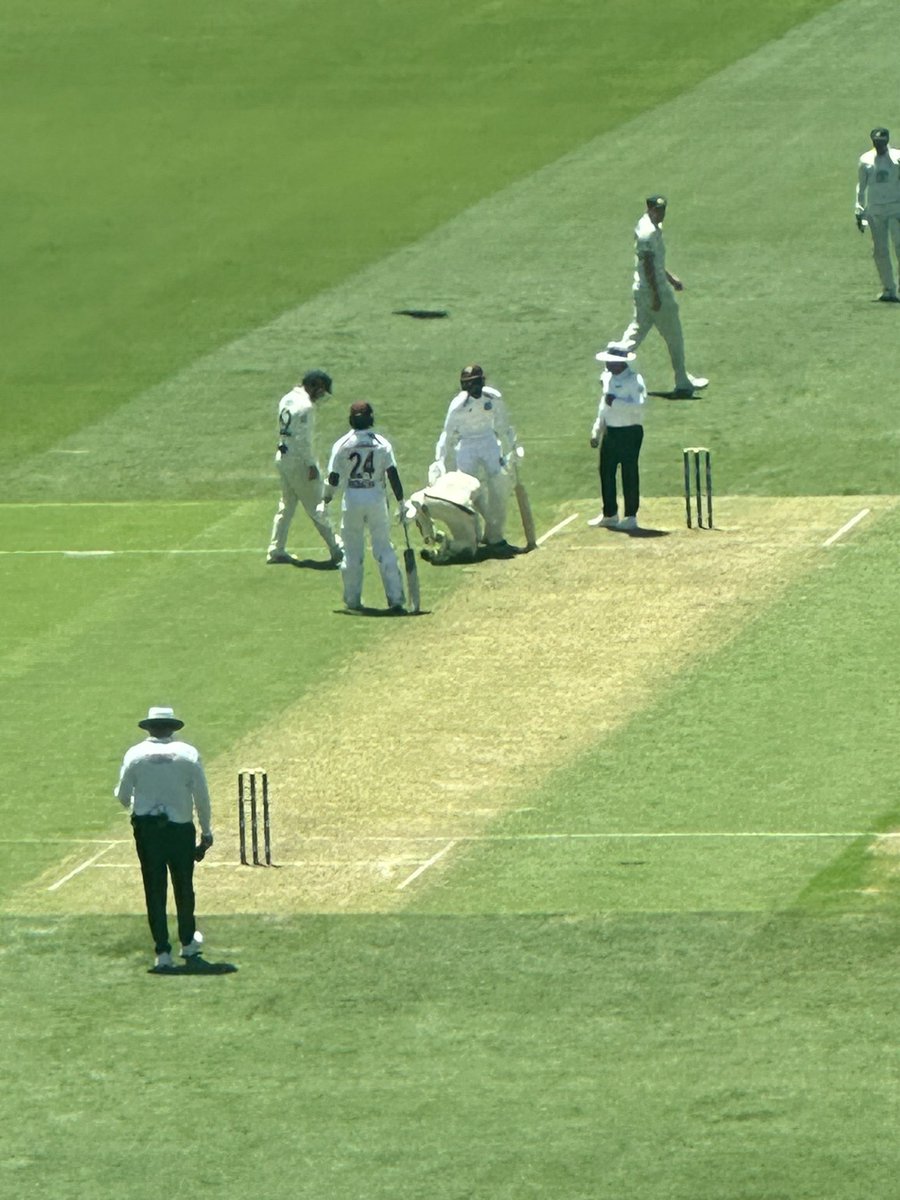 beastieboy07's tweet photo. Has to be the earliest in their career anyone has ever asked an opposition player to help them with their shoelaces. Shamar Joseph had faced all of 3 deliveries in international cricket when he asked @marnus3cricket to sort him out #AusvWI https://t.co/qUF8D5pUt3