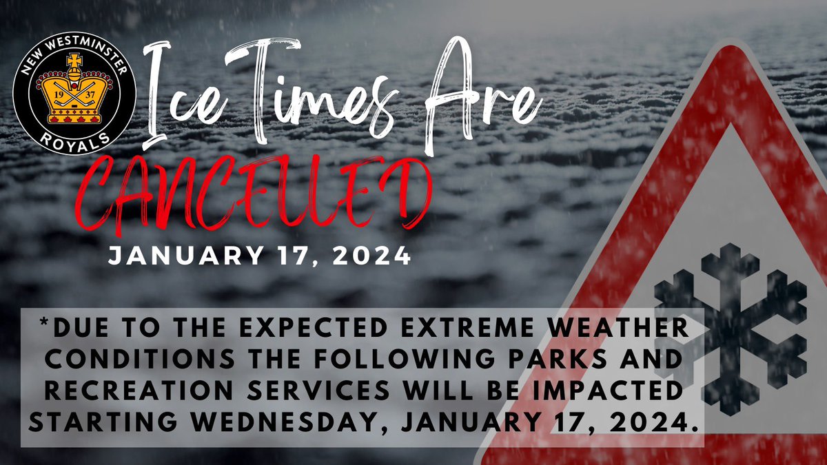In anticipation of the severe weather conditions, all City Facilities will be closed on January 17, 2024. Consequently, all practices are canceled and if you were scheduled for a game, your team manager will be in touch when it has been rescheduled. Stay safe, Royals! 💙❄️