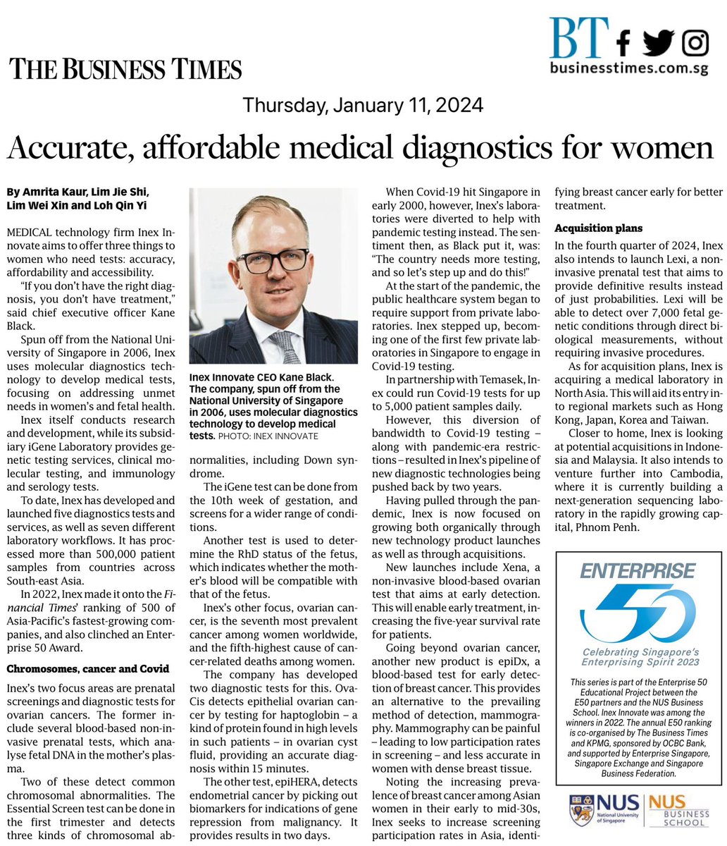 𝐓𝐡𝐞 𝐁𝐮𝐬𝐢𝐧𝐞𝐬𝐬 𝐓𝐢𝐦𝐞𝐬 feature on INEX Innovate - chronicling our incredible journey and remarkable growth in the realms of “chromosomes, cancer, and COVID”, as part of the Enterprise 50 Awards 📈🧬

#MedTech #NIPT #WomensHealth   #EarlyDetection #Genetics #Genomics
