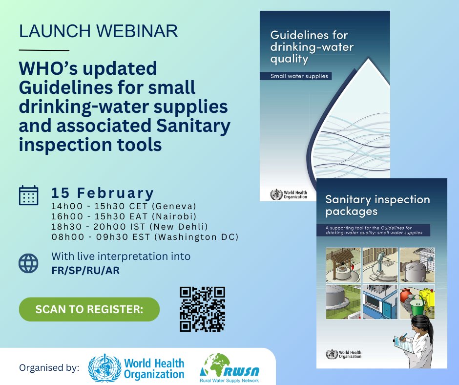 WHO and <a href="/RuralWaterNet/">RWSN</a> will hold a global webinar 15 February to launch WHO's updated Guidelines for drinking-water quality: small water supplies, and the associated Sanitary inspection packages. Join us for the webinar by registering here: us02web.zoom.us/webinar/regist…