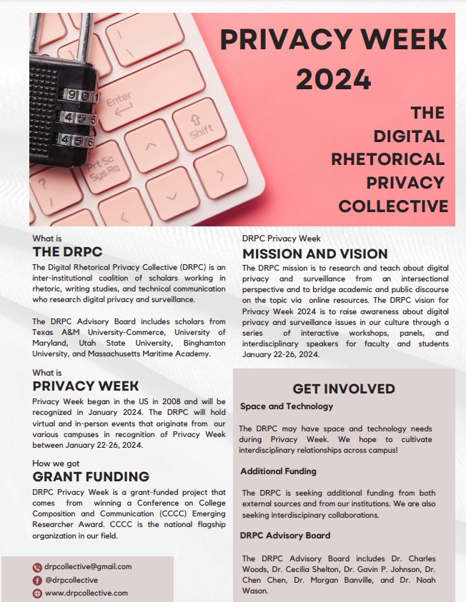drpcollective's tweet photo. 🔒 Unlock the secrets of privacy with the Keynote Session at Privacy Week 2024! Texas A&M University-Commerce presents "Amplifying Privacy-Surveillance Rhetorics" featuring Dr. Sarah Young and Dr. Maria Novotny. #DigitalRhetoric #PrivacyTalks https://t.co/NvVM9Dvx4C