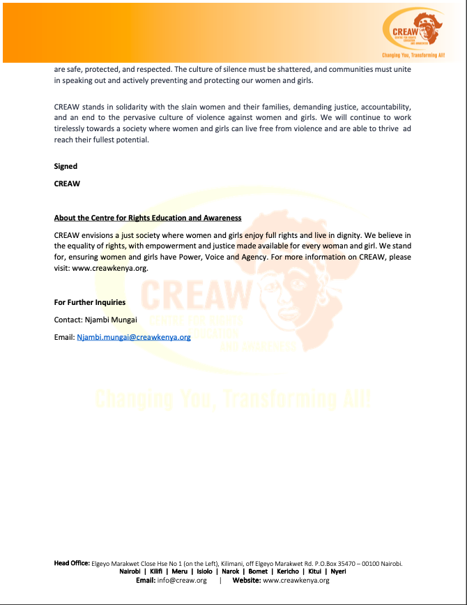 CREAWKenya's tweet photo. 🚨 STATEMENT ON ESCALATING FEMICIDE INCIDENCES IN KENYA🚨
The Centre for Rights, Education and Awareness (CREAW) is deeply disturbed and appalled by the  alarming surge in femicide cases in Kenya, as recently  highlighted in the media. 
#EndFemicideKE #StopKillingWomen https://t.co/yDChZiPQvy