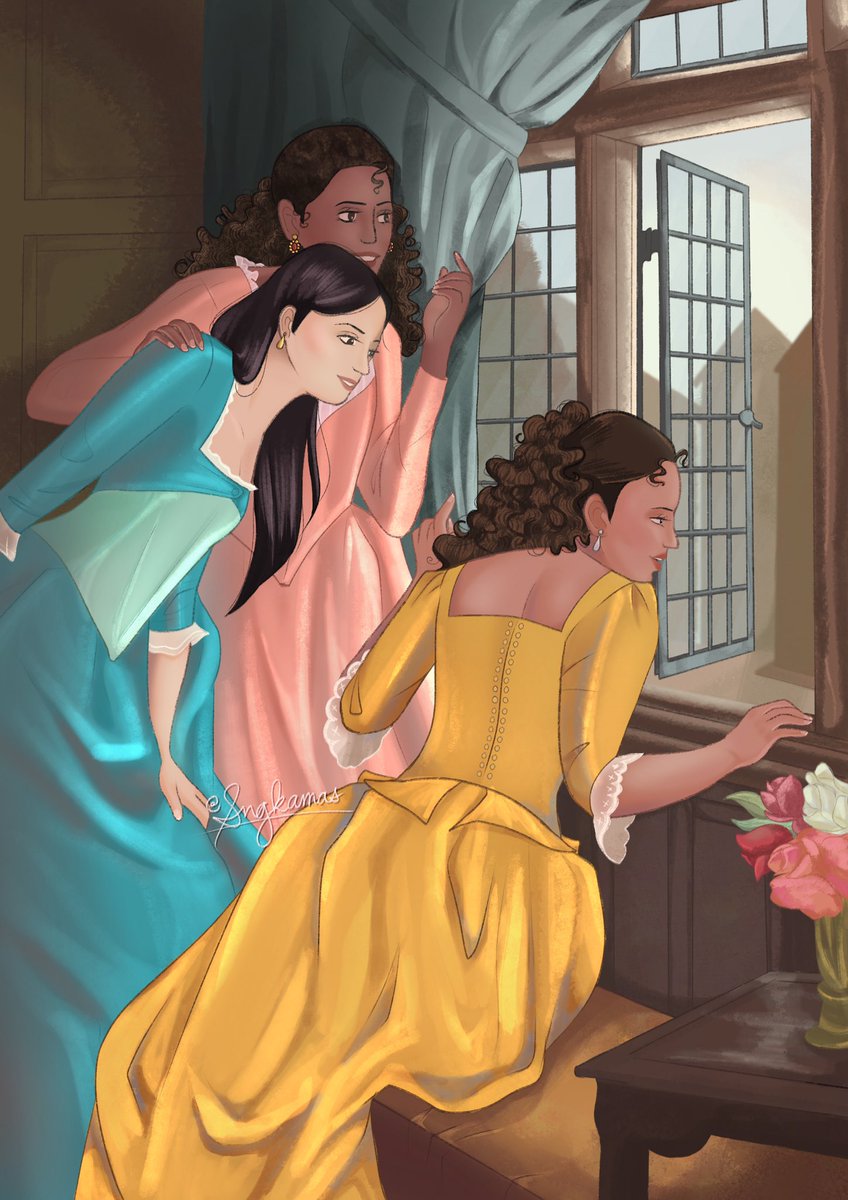 sngkamas's tweet photo. the schuyler sisters as the squire’s arrival by mary e. harding 💐 https://t.co/6fKREIRDj8