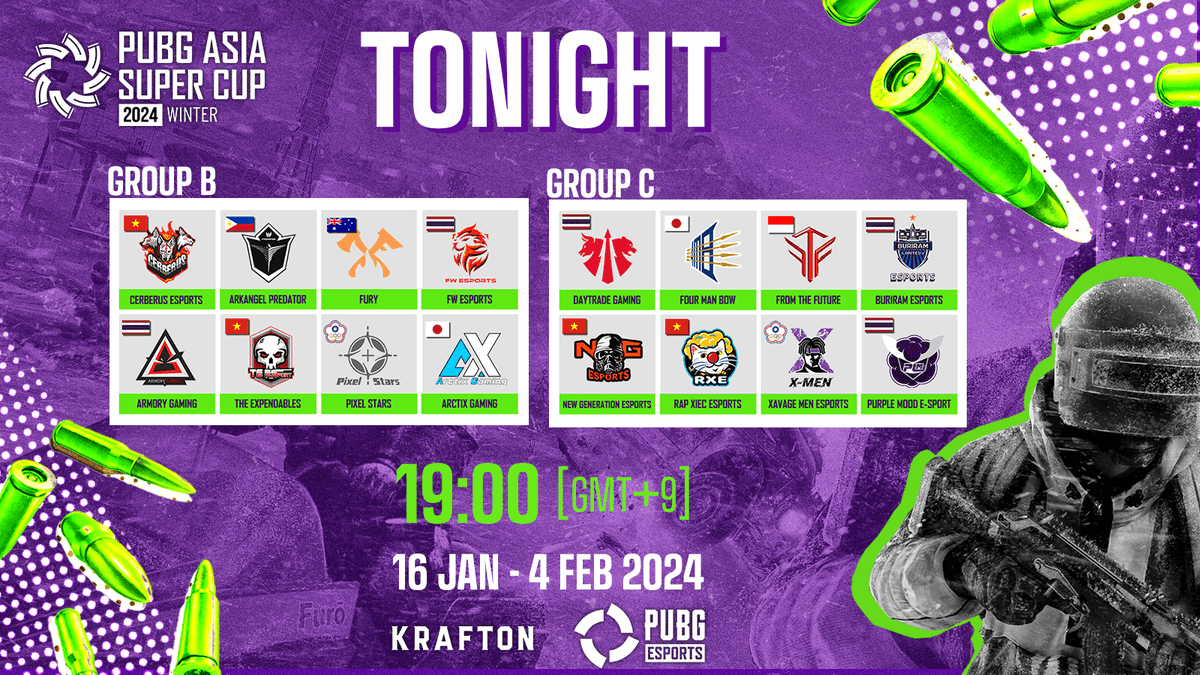 PUBGEsports_JP's tweet image. #PUBG Asia Super Cup 2024 Winter

グループステージ2日目（グループB&amp;amp;C）が今夜開催🔥
日本から「 @Arctix_esports 」と「 @FourManBow 」が出場します✨

英語配信
🟣twitch.tv/pubg_battlegro…
🔴youtube.com/PUBGEsports

#PUBGEsports