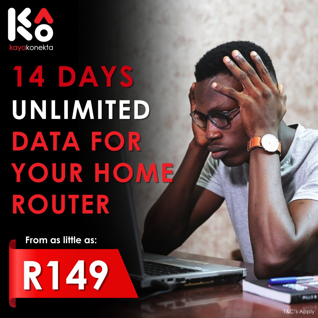 Tired of expensive data? 😢🏦 Don't stress, we've got you kovered. Get 14 days of unlimited data for your home router from as little as R149, nje! Make the switch to KaKo data today! 

#Datadeals #KaKo #CosmoCity #Affordabledata #Wifi