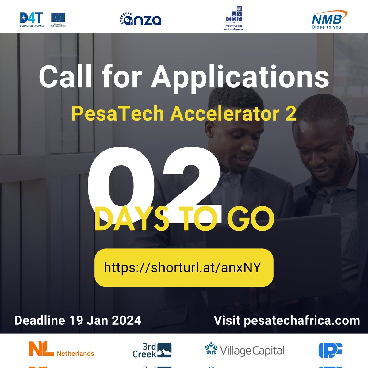 Only 2 days left. The application window for PesaTech Accelerator 2 closes this Friday. Apply through anzaentrepreneurs.co.tz/pesatechafrica or visit pesatechafrica.com Application deadline: 19 January 2024 @EUinTZ @AnzaInt @UNCDFdigital @NMBTanzania @3rdCreekGrants