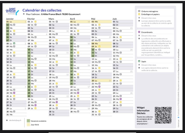 ♻️ Votre calendrier de collecte pour la résidence située en secteur 1️⃣
#Guyancourt #SQY #SqyTri #BienVivreEnsemble 🚮