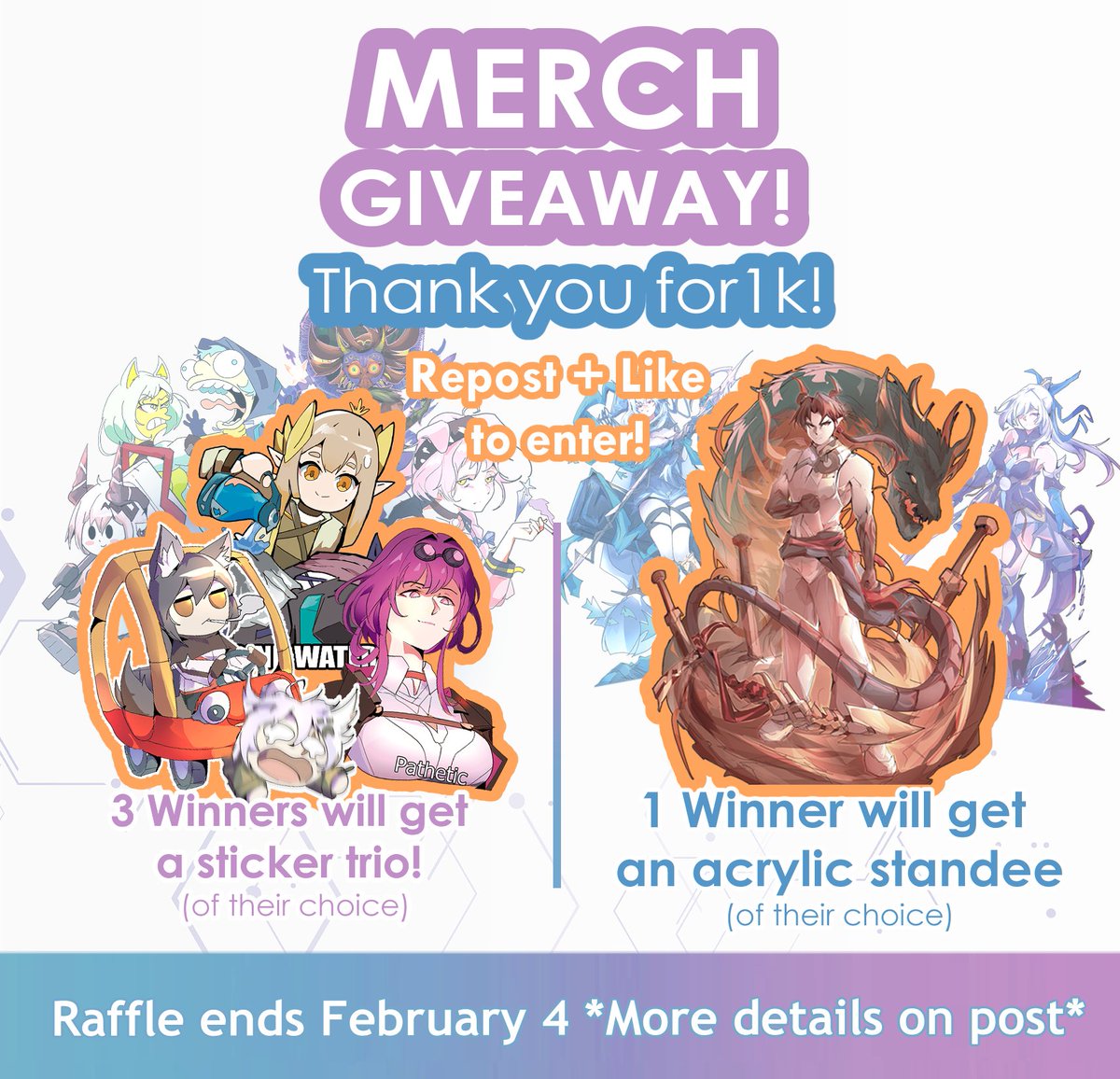 Merch giveaway!
Thank you so much for the recent support both online &amp; IRL

⏹️Repost (QT does not count) + Follow to enter
⏹️Keep your DMs open
⏹️𝗡𝟬 Giveaway accounts
⏹️Anyone can enter, as long as I can mail it from the USA

Raffle ends 4 Feb 12 AM, pacific time
Good luck!