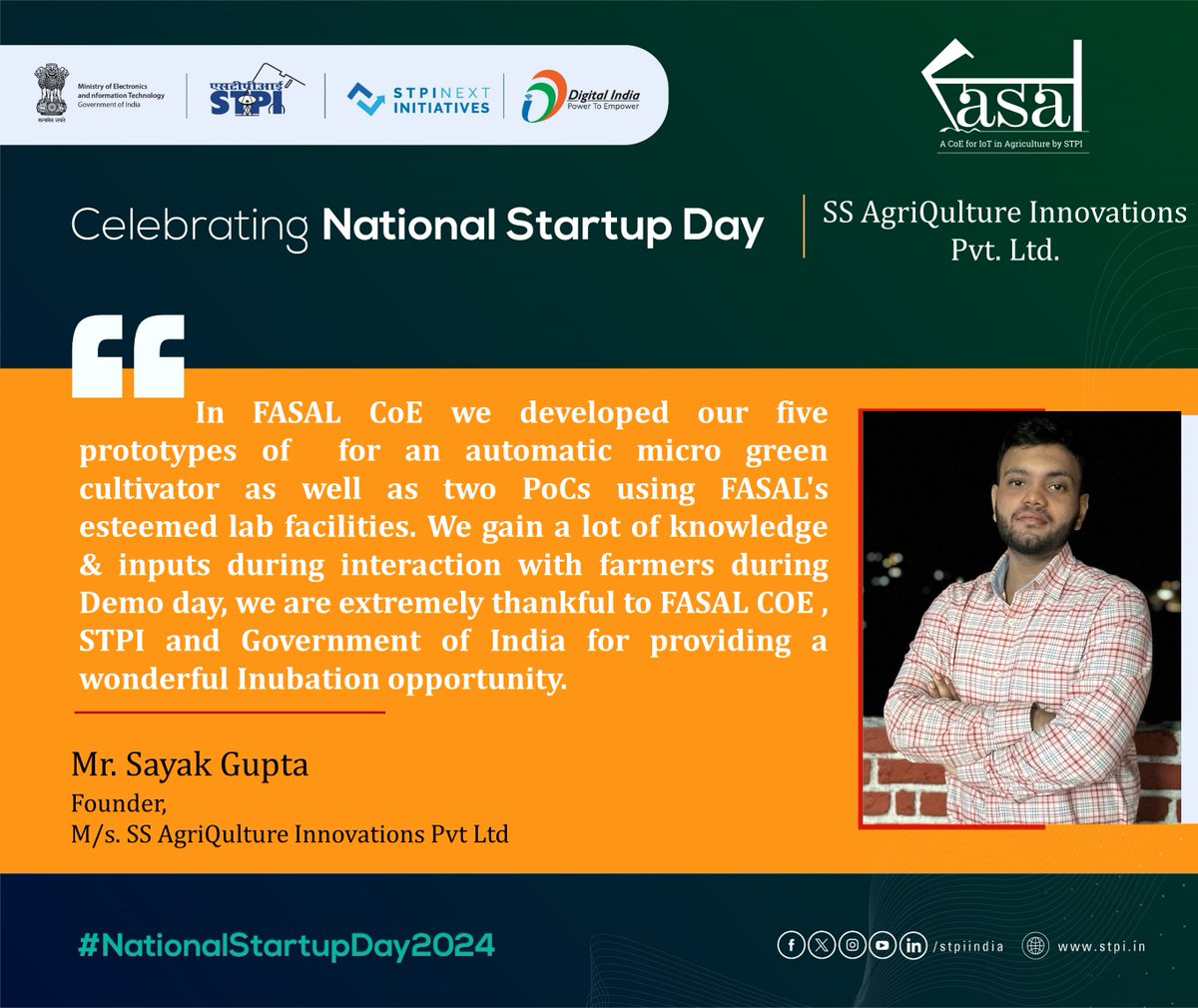 STPI_FASAL's tweet photo. Testimony from #Startup M/s. SS AgriQulture Innovations Private Limited, incubated at #STPIFASAL CoE #NationalStartupDay2024 #TheNextWave #STPIStartupEcosystem
@Rajeev_GoI
@GoI_MeitY
@arvindtw https://t.co/ncSQAeHeje