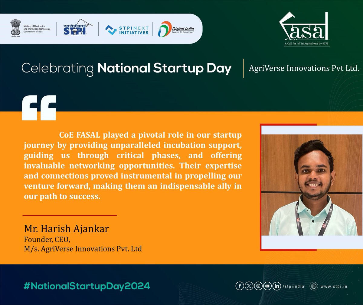 STPI_FASAL's tweet photo. Testimony from #Startup M/s. AgriVerse Innovations Private Limited, incubated at #STPIFASAL CoE #NationalStartupDay2024 #TheNextWave #STPIStartupEcosystem
@Rajeev_GoI
@GoI_MeitY
@arvindtw https://t.co/05ehFQyRLW