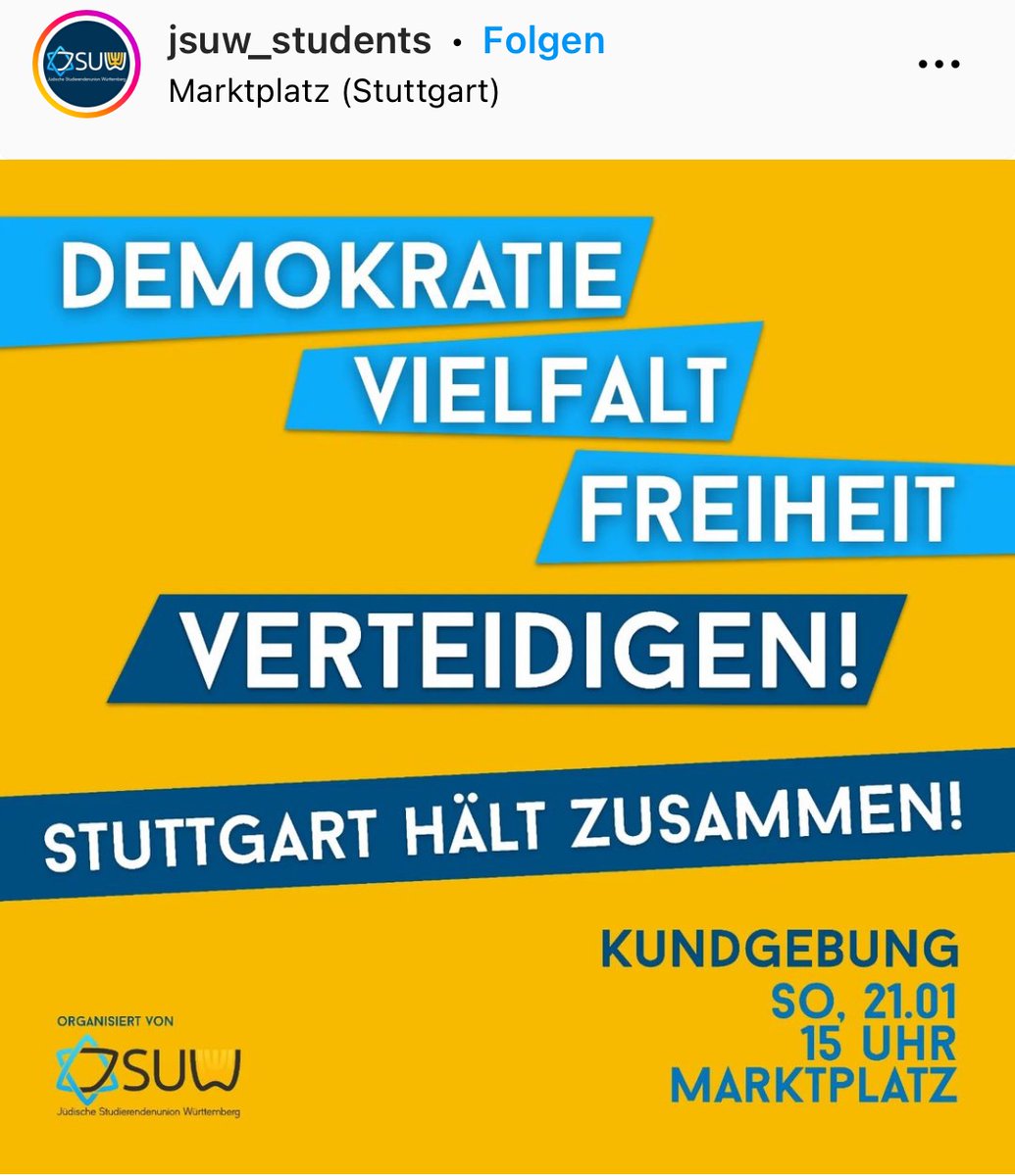 Bitte Repost: Die Jüdische Studierenden-Union Württemberg (#JSUW) ruft am Sonntag, 21.01.24 - dem Tag der Migrantinnen & Geflüchteten - um 15 Uhr auf den #Marktplatz in #Stuttgart zur #Demonstration gegen #Faschismus und #Deportationen. Auch ich werde sprechen. Sehen wir uns?