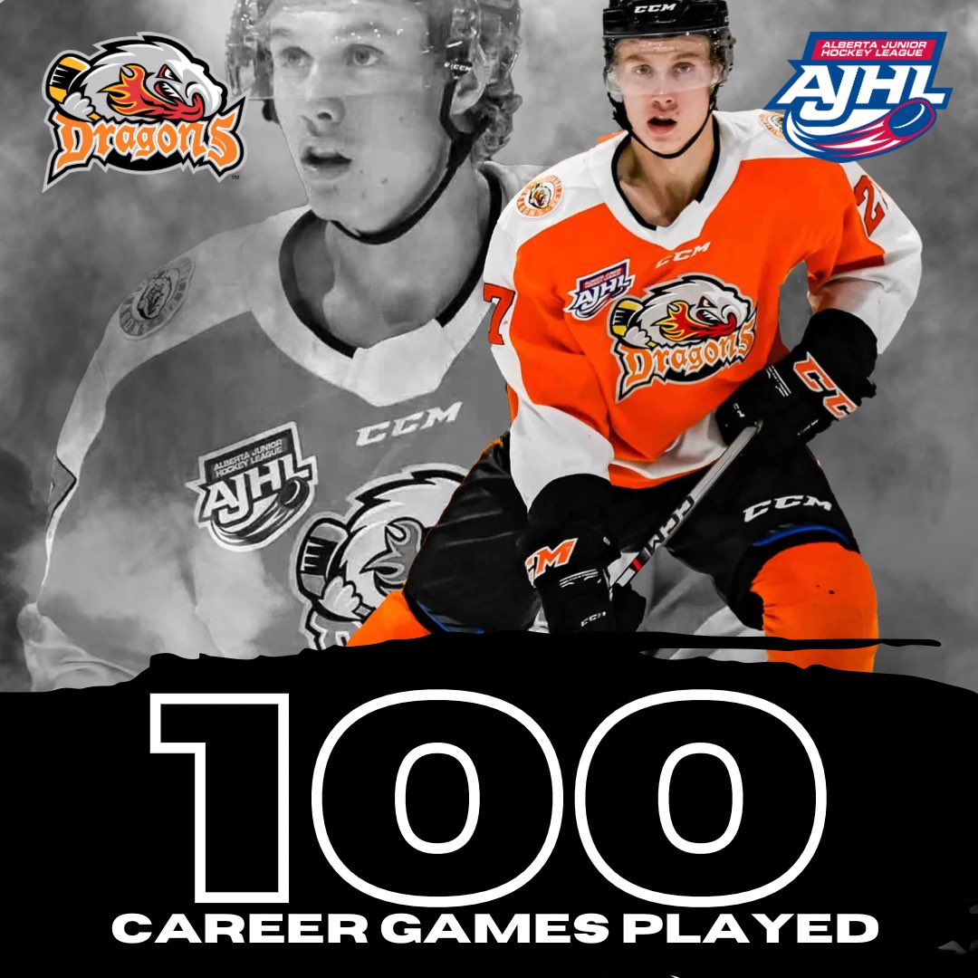 drumdragons's tweet photo. Congratulations to defenceman Ryan Henderson on playing in his 100th AJHL game tonight! 

#AJHL #Dragons https://t.co/4LJ0oRNdPe