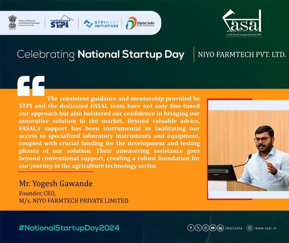 Testimony from #Startup M/s. Niyo Farmtech Private Limited, incubated at #STPIFASAL CoE #NationalStartupDay2024 #TheNextWave #STPIStartupEcosystem
@Rajeev_GoI
@GoI_MeitY
@arvindtw