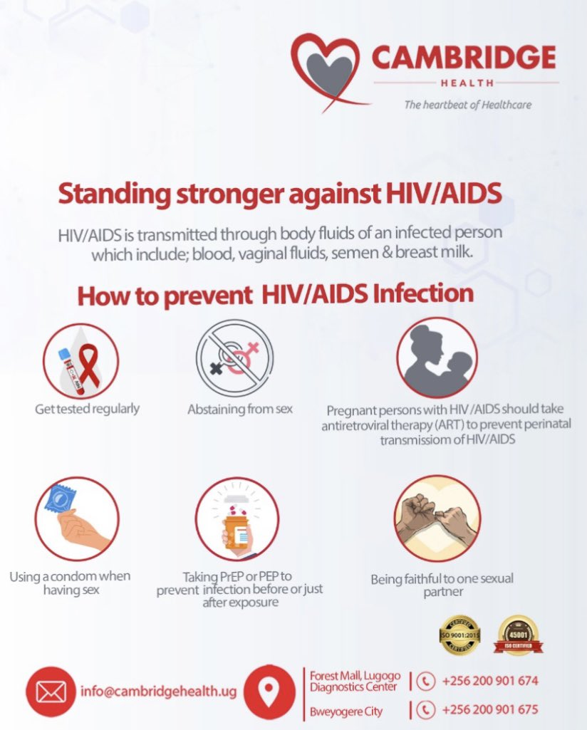Let’s break the stigma!
Know your status, spread hope, let’s stand up & unite for a future without
HIV/AIDS.
Check out poster for crucial information on HIV/AIDS.
 
#TheHeartbeatofHealthcare #CambridgeHealth #HIVAwareness #HIV #MUBS #teens #Ugandans #MUK