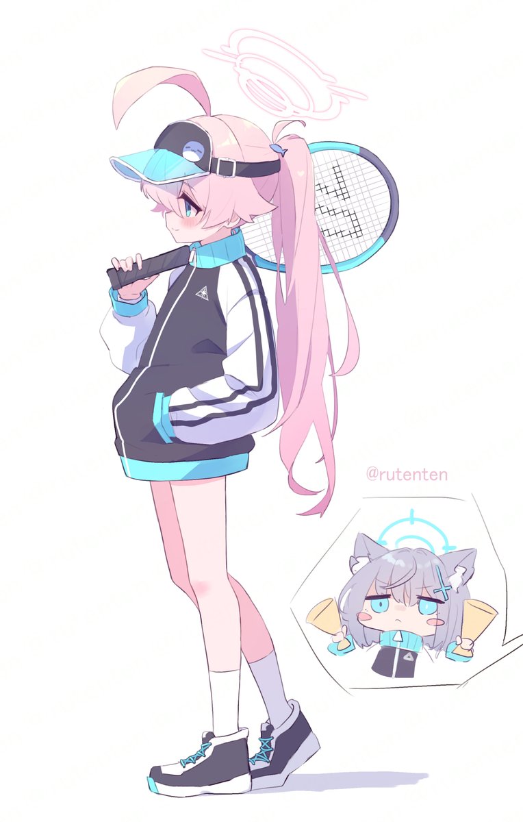 hoshino (blue archive) ,shiroko (blue archive) multiple girls 2girls racket halo jacket pink hair tennis racket  illustration images