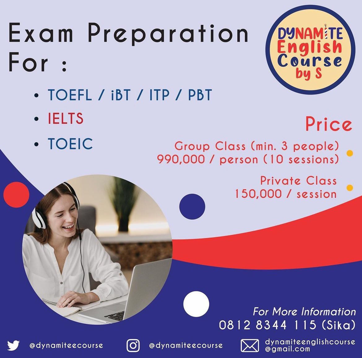 We are now open classes for exam preparation such as  

TOEFL IBT, TOEFL ITP/PBT, TOEIC and IELTS for Online and offline learning

#dynamiteenglishcourse #studyathome #onlinecourse #dynamite #English #toefl #IELTS #TOEIC #studyathome #belajardirumah #English #englishcourse