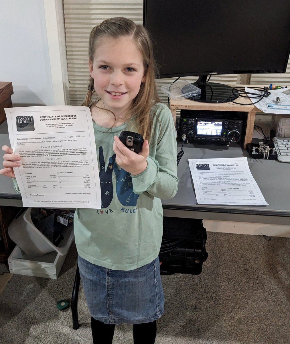 Meet Kaylee, N8KMR, from Hudsonville. Tonight she took her general test online. She passed, getting 32 out of 35 correct. Kaylee is 9. 9. A family of 11. Of the 11, 7 are licensed &amp; young ones, including Kaylee, are teaching each other code,. Listen for them on 40.  
Awesomeness.