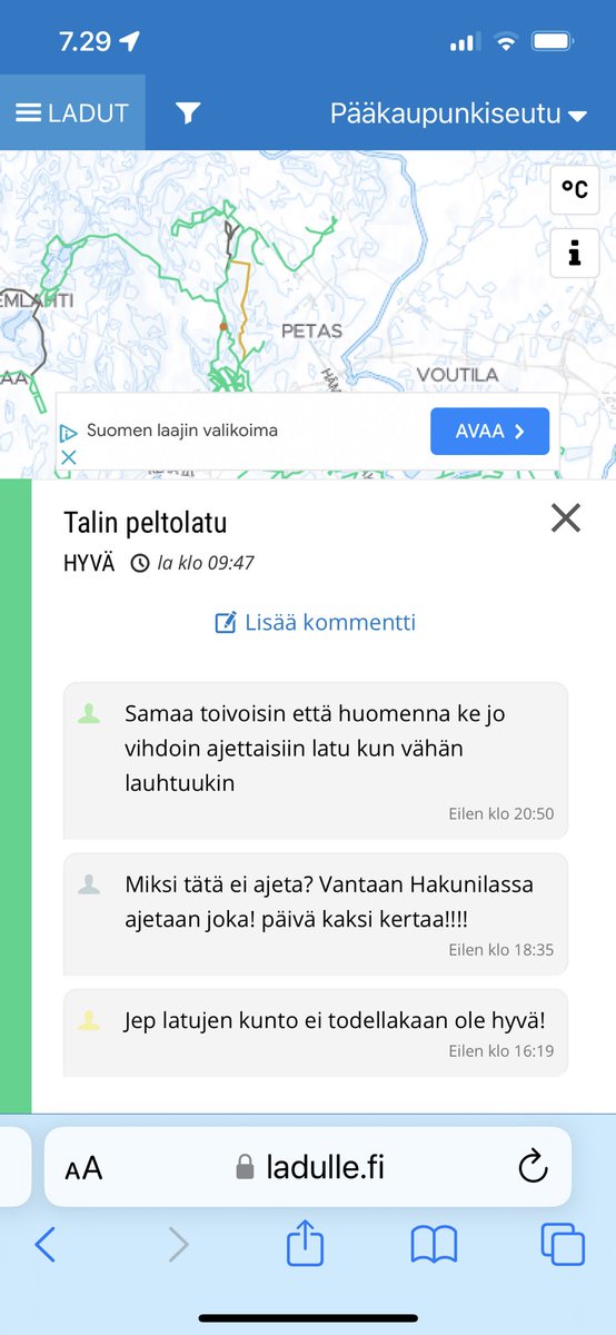 @liikuntavirasto
Somessa paljon pettynyttä keskustelua siitä miksi ei kaupungin eri latuosuuksia ylläpidetä tasapuolisesti. Esim Talin latuja ajetaan hyvin harvakseltaan kun toisia useita kertoja päivässä. Onko jotain tehtävissä