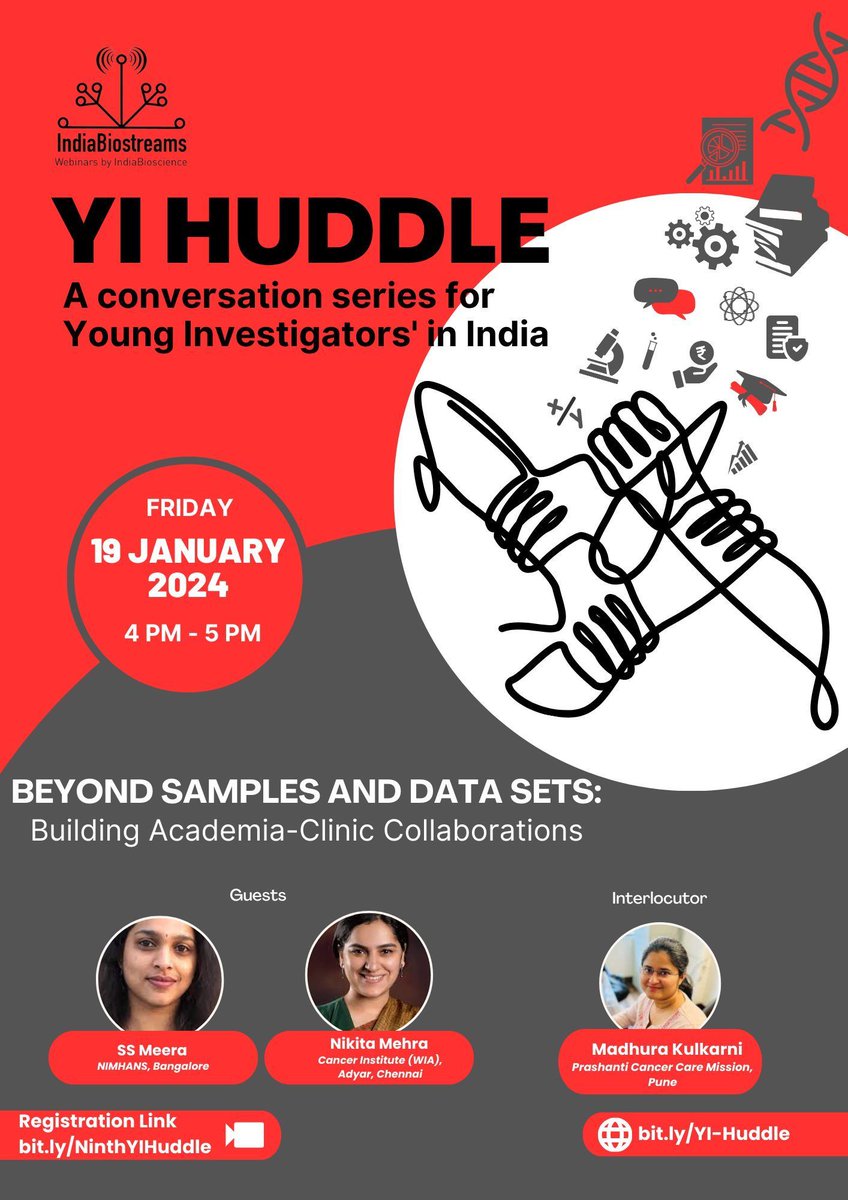 IndiaBioscience's tweet photo. Two days to go for our 9th YI Huddle 👇  "Beyond samples and data sets: Building academia-clinic collaborations."

📅 19 January 2024 | 4:00 - 5:00 P.M. IST. 
💻 To register: https://t.co/zlSd6fax1q 
👉 More details: https://t.co/ivrYO7hB28 

#YIHuddle #YI https://t.co/w6Wks2CEbR