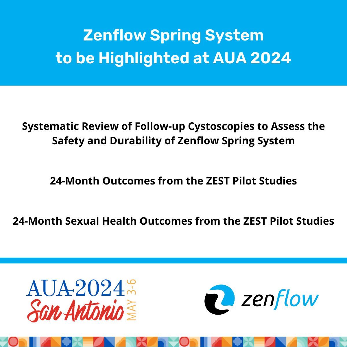Zenflow (@zenflowinc) on Twitter photo We are delighted to announce that three abstracts on the #Zenflow Spring System have been accepted to the #AUA24 meeting! Our data highlights Zenflow's longstanding patient-centered approach, demonstrating durable safety and effectiveness outcomes. #BPH #urology <a href="/AmerUrological/">Amer. Urol. Assn.</a> We are delighted to announce that three abstracts on the #Zenflow Spring System have been accepted to the #AUA24 meeting! Our data highlights Zenflow's longstanding patient-centered approach, demonstrating durable safety and effectiveness outcomes. #BPH #urology <a href="/AmerUrological/">Amer. Urol. Assn.</a>