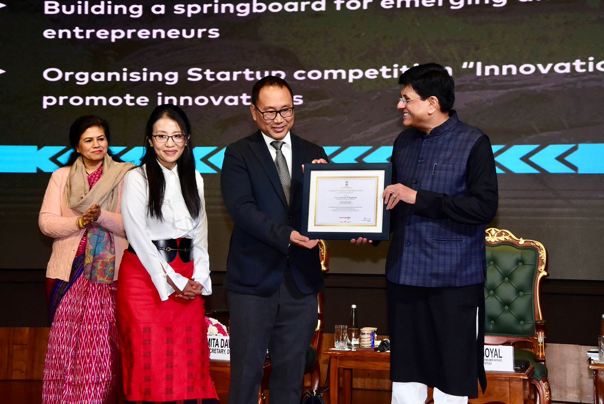 Proud moment for Nagaland at #NationalStartupDay in Delhi! Securing 'Aspiring Leader' at the National Startup Awards 2023. Kudos to Shri. Kekhrievor Kevichiisa & Smt. @KeneiTheunuo for their outstanding contributions to fostering innovation & supporting startups in the state.