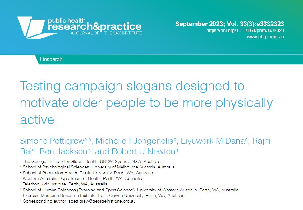 jacksonfyfe's tweet photo. Which slogans are best for motivating older people to be active?

Here’s how 1200 Australians (aged 50+) ranked 5 options:

#1: “Use it or lose it”
#2: “Move more, live longer”
#3: “Stay fit to stay functional”
#4: “Be active 30–60 minutes a day to stay fit and well”
#5: “This is your time – enjoy being strong and active”

Each slogan was ranked across factors including internal and external motivation, perceived effectiveness, liking, believability, and personal relevance.

Common features of the highest-ranked slogans included they:

- Were short
- Used familiar terms
- Elicited stronger feelings
- Provided a reason to comply

https://t.co/j5eAJ4eG1Y