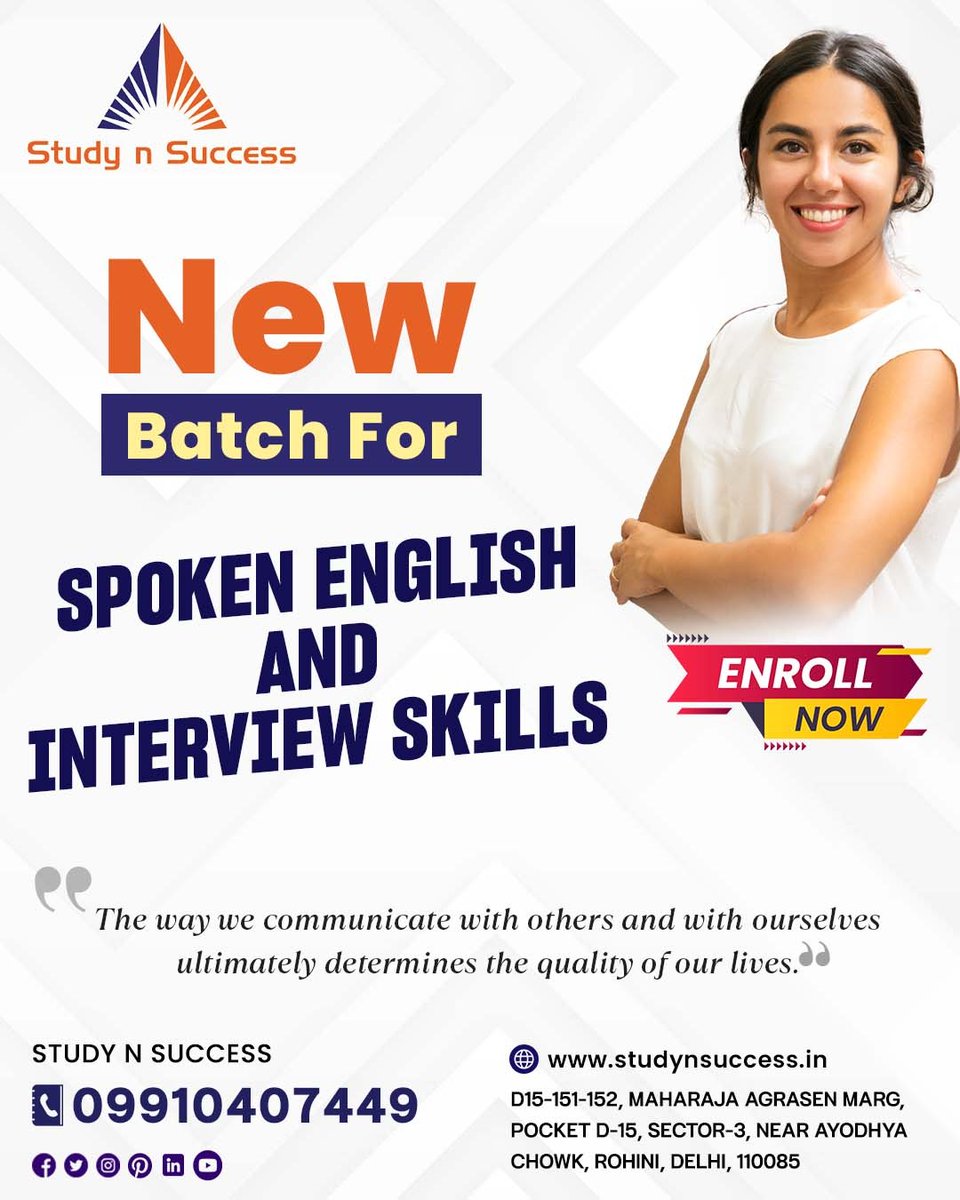 Book your seat for the New Batch for Spoken English & Interview Skills!
☎️ 9910407449
💻 studynsuccess.in
#learningenglish #english #englishlanguage #englishlanguagecourse #ielts #personalitydevelopment #skilldevelopment #viral #delhi #explorepage #newbatch #interviewtips