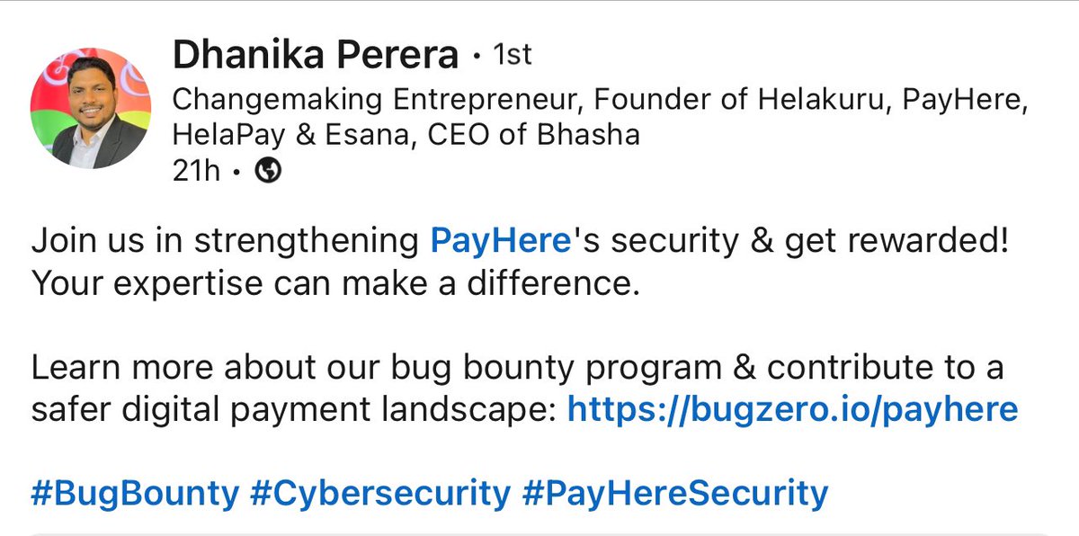 aselawaid's tweet photo. Post data breach back in 2022, #Payhere has been quite diligent and active on its #CyberSecurityLK posture, going so far as to implement a robust bug bounty program. Admirable to follow for any local startup. 

Kudos to @DhanikaPerera and team 👏🏾👏🏾👏🏾

Payhere Bug Bounty: 
https://t.co/hsQXGi50LM