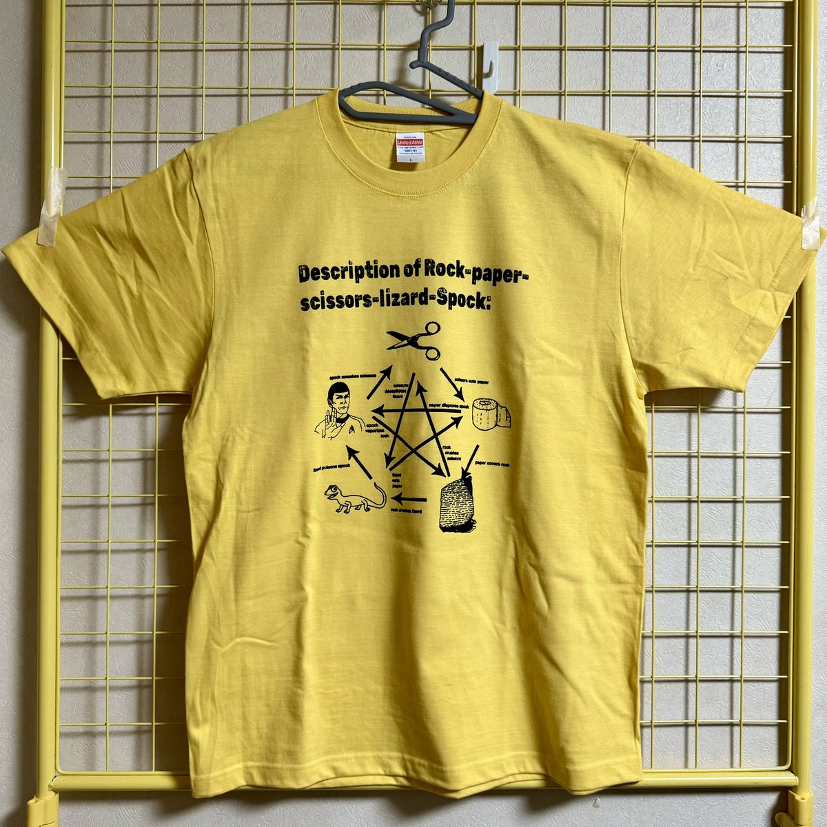 mihaeru_denen's tweet photo. BBT Tシャツ届きました！！
大好きなBigbang Theoryのスポックジャンケン！！
こちらもら来月の愛と狂気のマーケットで販売します！！
#愛と狂気のマーケット #bigbangtheory  #rockpaperscissorslizardspock https://t.co/IqfzzTmIWG