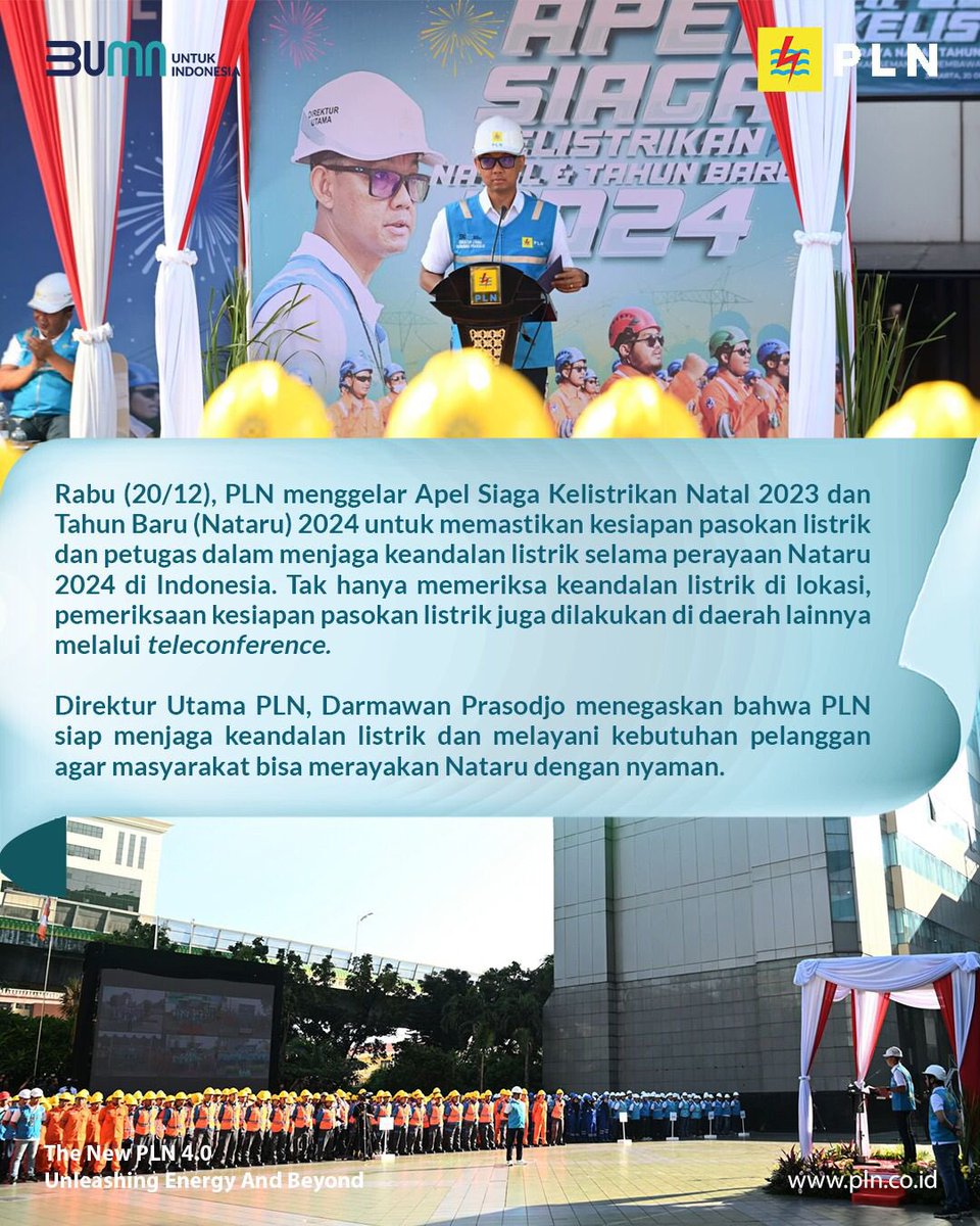 radenpray_'s tweet photo. PLN menggelar Apel Siaga Kelistrikan Natal 2023 dan Tahun Baru 2024
#PLNSiagaNataru2024 #PLNSiagaNataru #PLN #PLNUntukIndonesia  #AcceleratingRenewableEnergy #PLNatCOP28 #PLNElectricRun2023 #PLNJournalistAwards2023 #78TahunMenerangi #PLNGroupProperEmas #PLNGreenLeadership https://t.co/JlvOQgyQW1