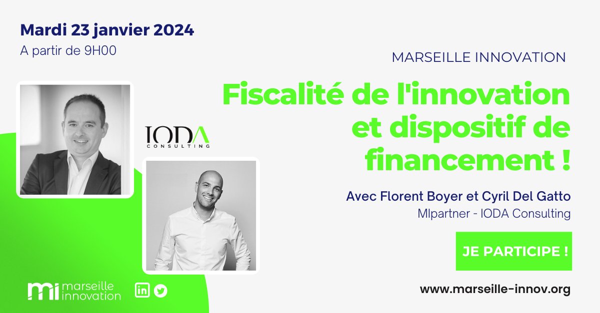 ☕️𝗘𝘃𝗲𝗻𝘁 - Mardi prochain de 9h à 11h sur le campus de l'hôtel technologique chez <a href="/marseilleinnov/">Marseille Innovation</a>  !  

🧐Au programme ? Fiscalité de l'innovation et dispositif de financement avec <a href="/Iodaconsulting/">Ioda Consulting</a> !

🌐marseille-innov.org/nos-evenements/