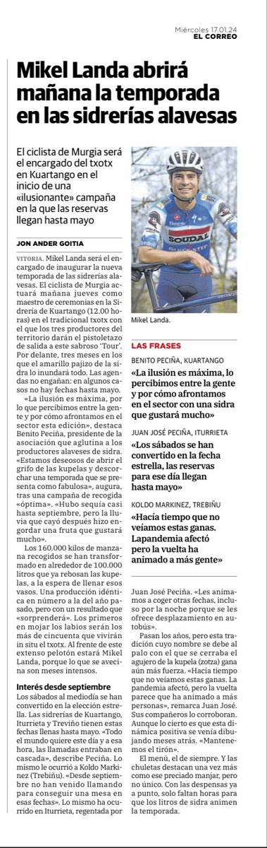 Ardoaraba Gasteiz On (@ardoaraba) on Twitter photo 🍎 Mañana, Mikel Landa dará el pistoletazo de salida a la temporada de sidrerías alavesas en <a href="/SidreKuartango/">Sidrería Kuartango</a>
🍏 Txotx!!!!
elcorreo.com/alava/araba/mi…
✍️ <a href="/elcorreo_alava/">El Correo Álava</a> 🍎 Mañana, Mikel Landa dará el pistoletazo de salida a la temporada de sidrerías alavesas en <a href="/SidreKuartango/">Sidrería Kuartango</a>
🍏 Txotx!!!!
elcorreo.com/alava/araba/mi…
✍️ <a href="/elcorreo_alava/">El Correo Álava</a>